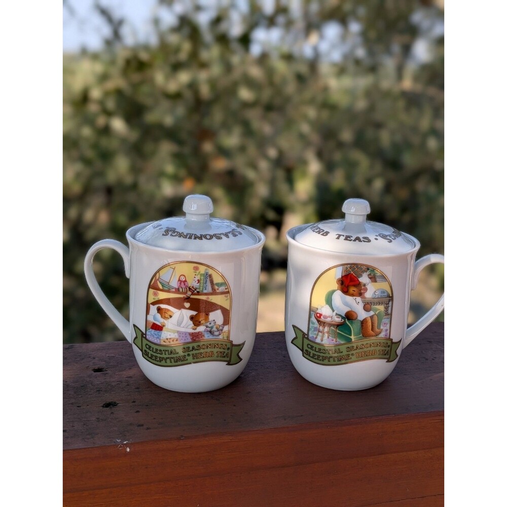 Celestial Seasonings 1985 Bears 2pc Ceramic Lidded Tea Mug Cup Set Sleepytime